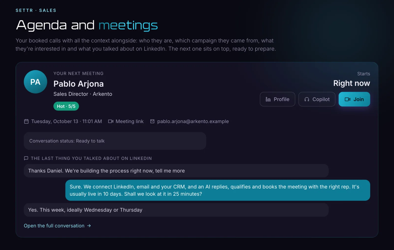 Settr calendar with this week’s sample meetings