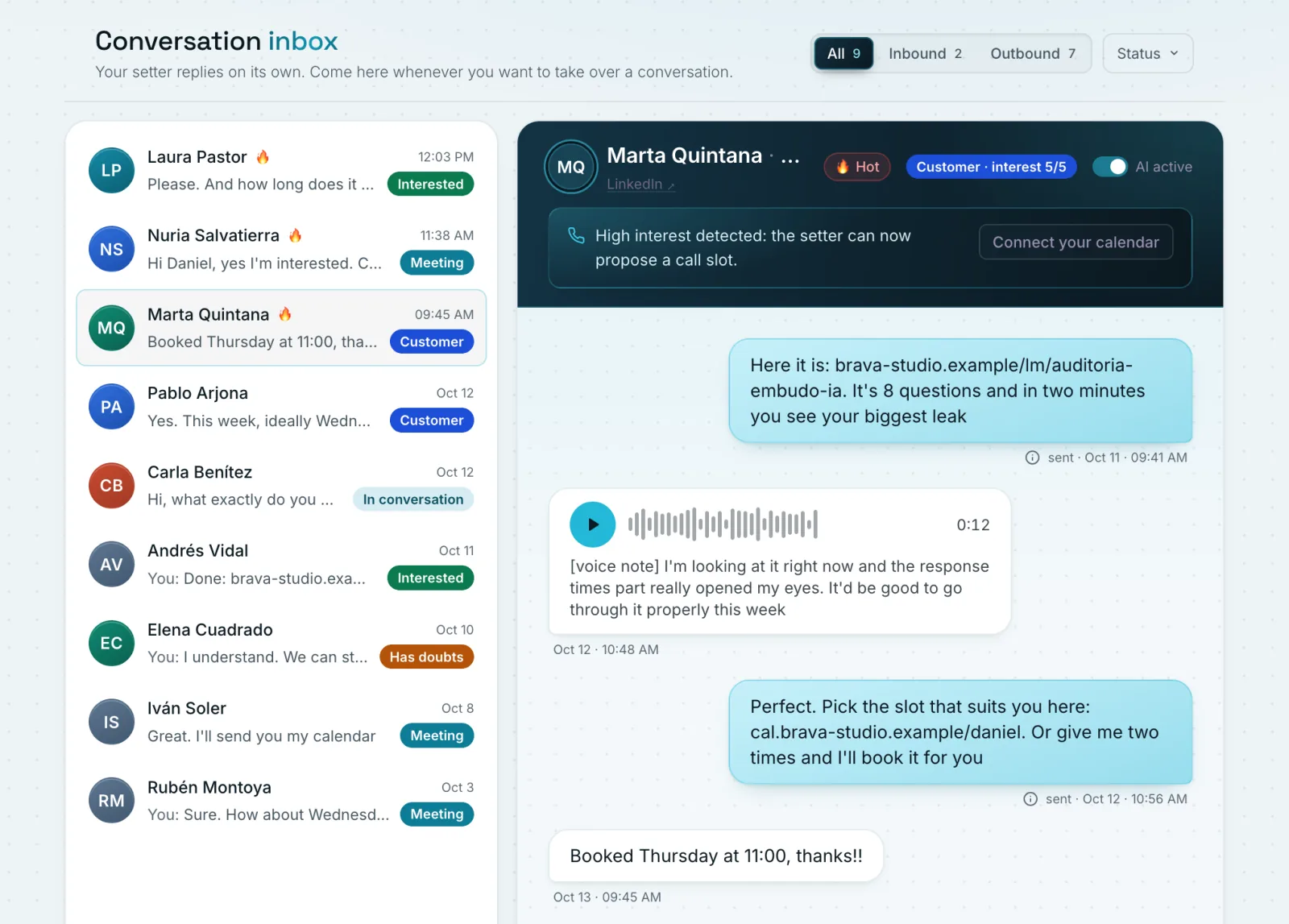 Settr inbox with a sample thread open